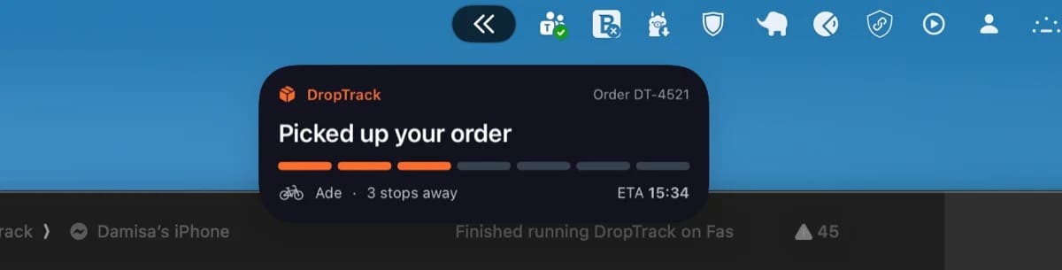 DropTrack Live Activity in the Mac menu bar